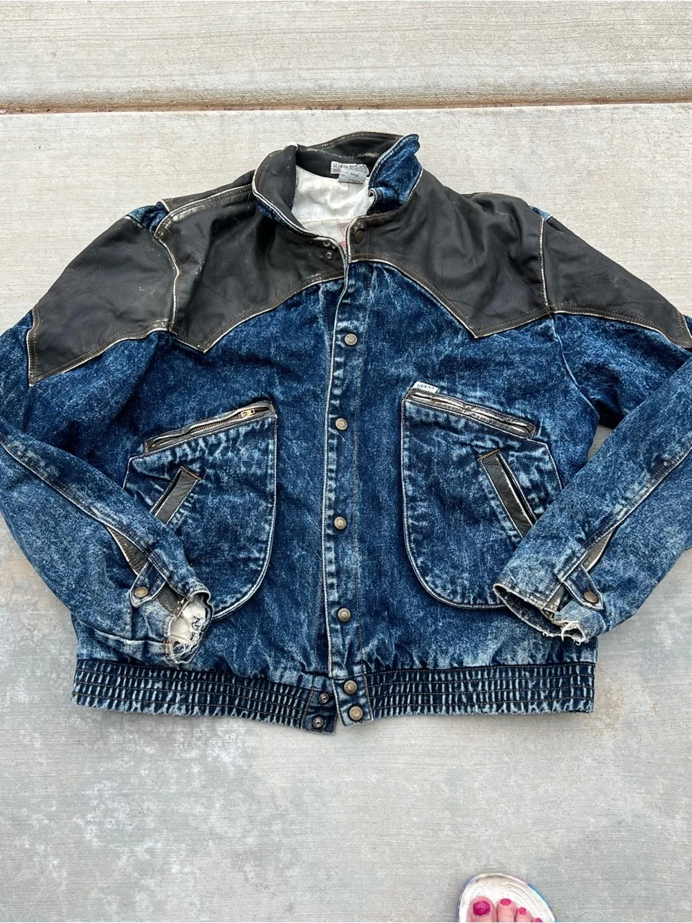 Vintage GUESS GEORGES MARCIANO Men's L 80's Retro Leather Denim Jacket Acid Wash